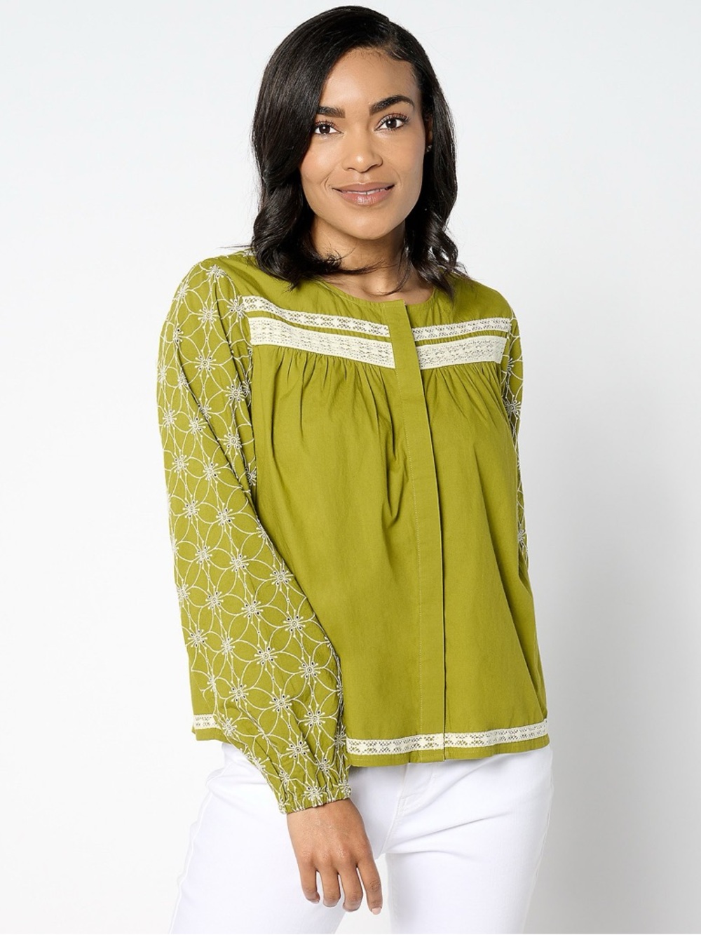 LOGO Lavish by Lori Goldstein Shiffli Mix Swing Jacket Green and Cream Medium - Picture 1 of 7
